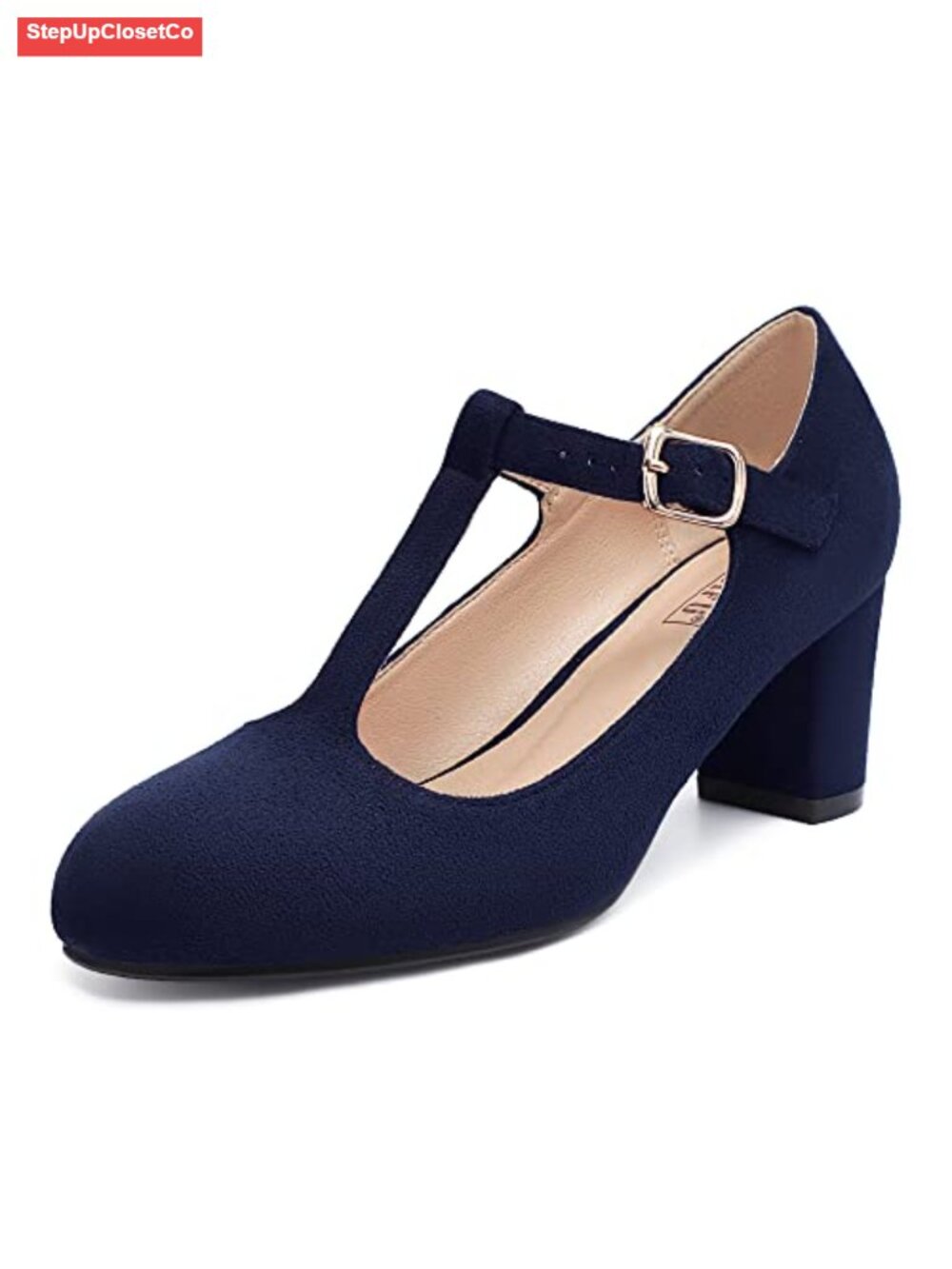 Women's Studded Low Chunky Heel Closed Toe T-Strap Pumps Wedding Dress Shoes